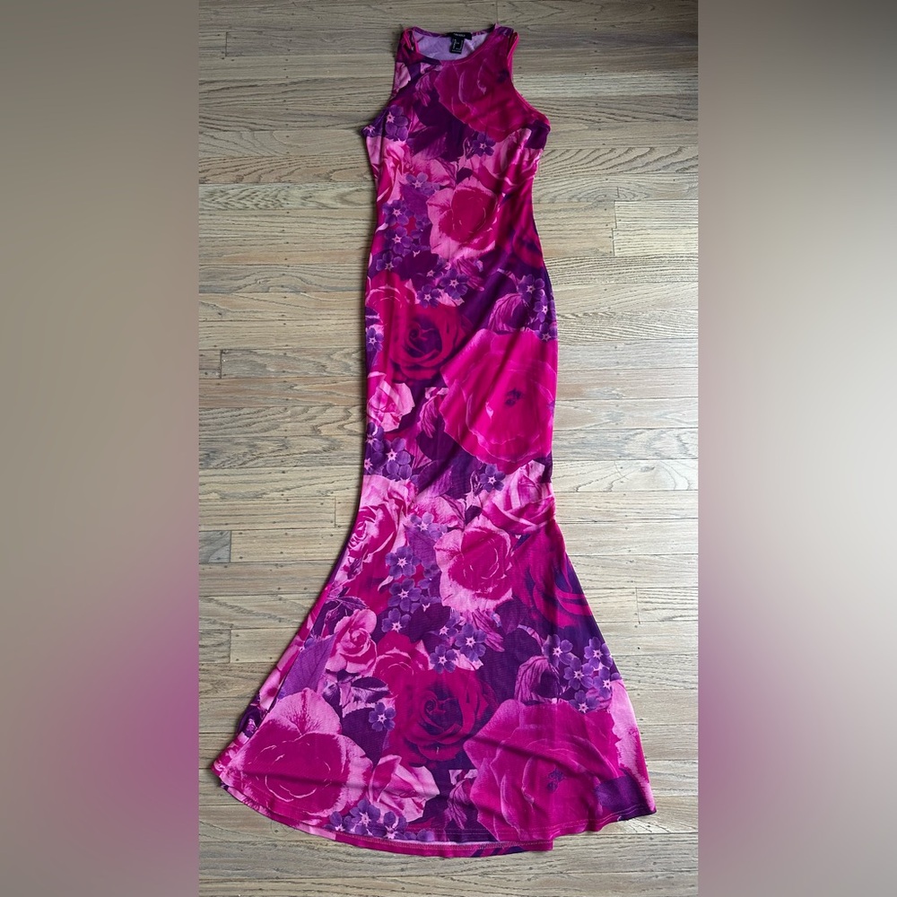 F21 Sheer Floral pink/purple bodycon maxi dress | small